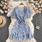 V-neck Lace-up Strap Ruffle Floral Dress
