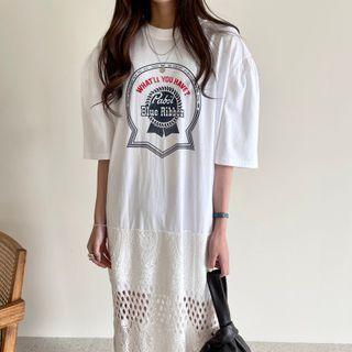 Round Neck Print Cut Out Embroidered Asymmetrical Oversized Short Sleeve Dress
