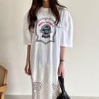 Round Neck Print Cut Out Embroidered Asymmetrical Oversized Short Sleeve Dress