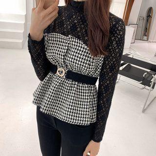 Lace-yoke Houndstooth Peplum Top Ivory - One Size