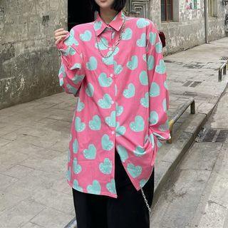 Couple Matching Heart Print Shirt Pink & Blue - One Size