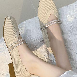 Square-toe Rhinestone Knit Flats