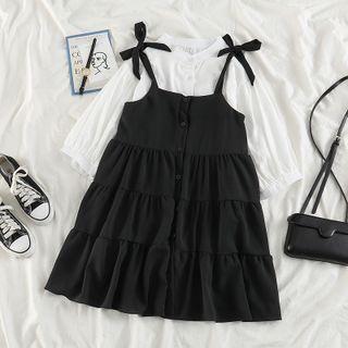 Puff-sleeve Blouse / Shirred Overall Dress