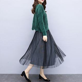Set: Wavy Edge Sweater + Midi A-line Mesh Skirt