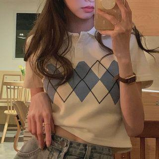 Short-sleeve Argyle Cropped Polo Shirt Almond - One Size