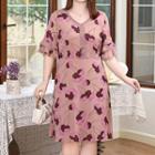 Plus-size Flared-sleeve Floral A-line Dress
