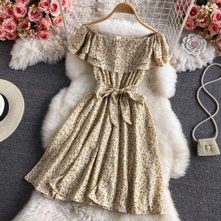 Off-shoulder Floral Print Ruffle Trim Mini A-line Dress