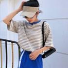 Striped Elbow-sleeve T-shirt / Side Slit Midi Skirt