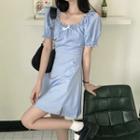 Puff-sleeve Frill Trim Tie Accent A-line Dress