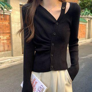 Irregular Cutout Shirred Cardigan