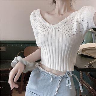 Short-sleeve Pointelle Knit Crop Top White - One Size