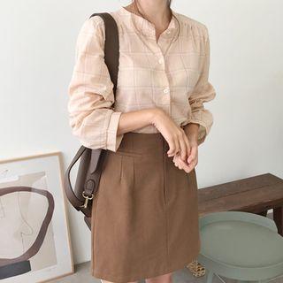 Mandarin-collar Plaid Blouse Light Beige - One Size