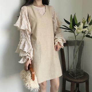 Long-sleeve Dotted Top / Mini Pinafore Dress
