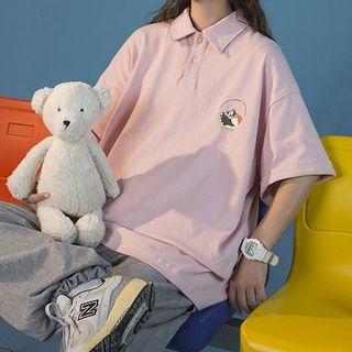 Elbow Sleeve Print Oversized Polo Shirt