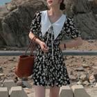 Elbow-sleeve Collared Floral Print Mini A-line Dress