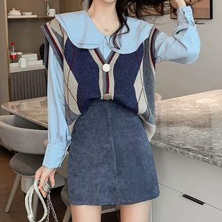 Set: Sleeveless Knit Top + Ruffle Blouse + Mini Skirt