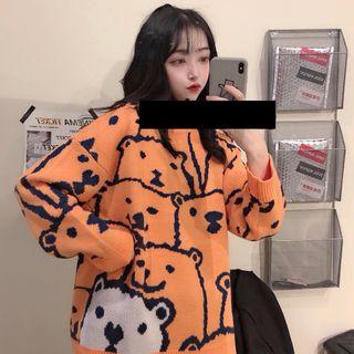 Bear Print Sweater Tangerine - One Size