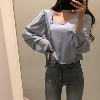 Shirred Long-sleeve Square-neck Blouse