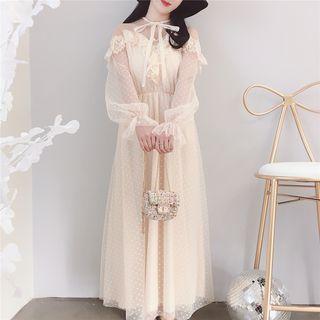 Lace Trim Dotted Long-sleeve Maxi Mesh Dress
