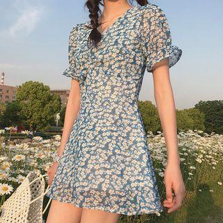 Short-sleeve Floral Print Mini A-line Dress Blue - One Size
