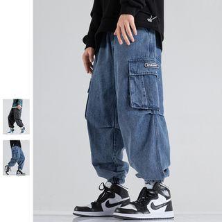Washed Lettering Cargo Jeans