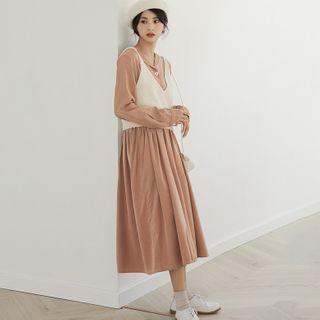 Knit Vest / Collared Long-sleeve Midi A-line Dress