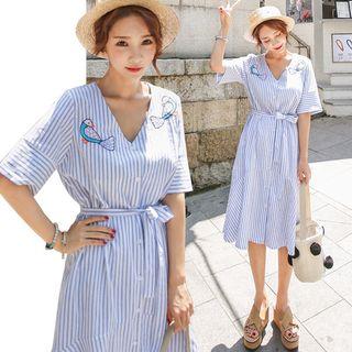 Embroidered Striped Shirtdress With Sash