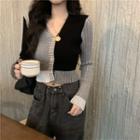 Long-sleeve Color-block Cropped Knit Cardigan As Shown In Figure - One Size