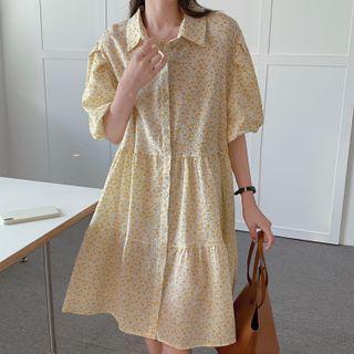 Puff-sleeve Floral Print Tiered A-line Shirtdress