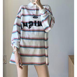 Long-sleeve Striped Polo T-shirt As Shown In Figure - One Size