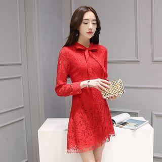 Bow Lace Long-sleeve Dress