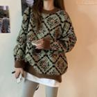 Pattern Jacquard Sweater Brown & Grayish Green - One Size