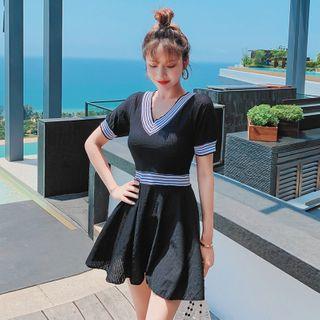 Short-sleeve Striped Trim Swimdress