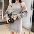 Set: Sleeveless Mini Knit Sheath Dress + Off-shoulder Sweater