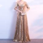 Short-sleeve Sequin Maxi Evening Gown