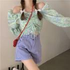 Long-sleeve Off-shoulder Drawstring Floral Top