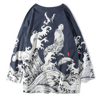3/4-sleeve Dragon Print Half-button Top