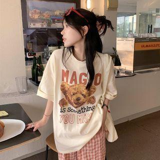 Elbow-sleeve Bear Print T-shirt Almond - One Size