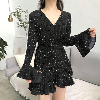 Elbow-sleeve Dotted A-line Mini Dress As Shown In Figure - One Size