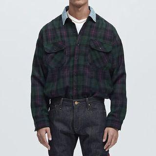 Denim Collar Plaid Long-sleeve Shirt