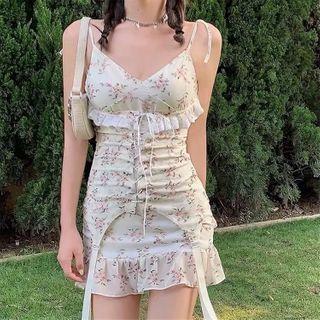 Floral Print Lace-up Spaghetti-strap Mini Sheath Dress