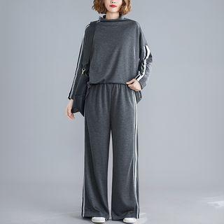 Set:striped Long-sleeve T-shirt + Wide-leg Pants Gray - One Size