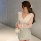 Long-sleeve Frill Trim Cropped Blouse / Mini Fitted Skirt