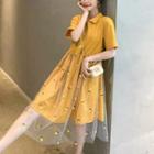 Elbow-sleeve Mesh Overlay Midi A-line Dress
