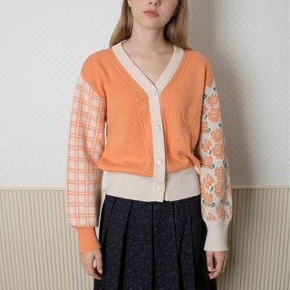 Floral Print Paneled Cardigan Orange - One Size