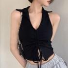 Halter-neck Collared Drawstring Cropped Camisole Top