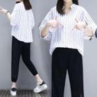 Striped Elbow-sleeve Shirt / Crop Sweatpants / Set