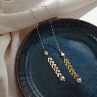 Faux Pearl Leaf Dangle Earring 1 Pair - S925 Silver - Gold - One Size