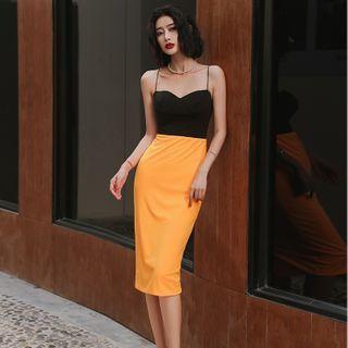 Spaghetti Strap Paneled Dress / Long-sleeve A-line Dress