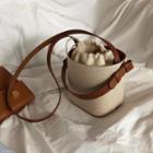 Faux Leather Panel Canvas Bucket Bag Coffee & Beige - One Size